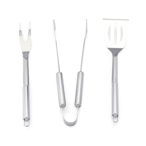 Amazon Basics 4-Piece Stainless Steel BBQ Grilling Tool Set for Outdoor Cooking, Griddle Spatula, Heat Resistant, Dishwasher Safe, Silver
