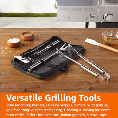 Amazon Basics 4-Piece Stainless Steel BBQ Grilling Tool Set for Outdoor Cooking, Griddle Spatula, Heat Resistant, Dishwasher Safe, Silver