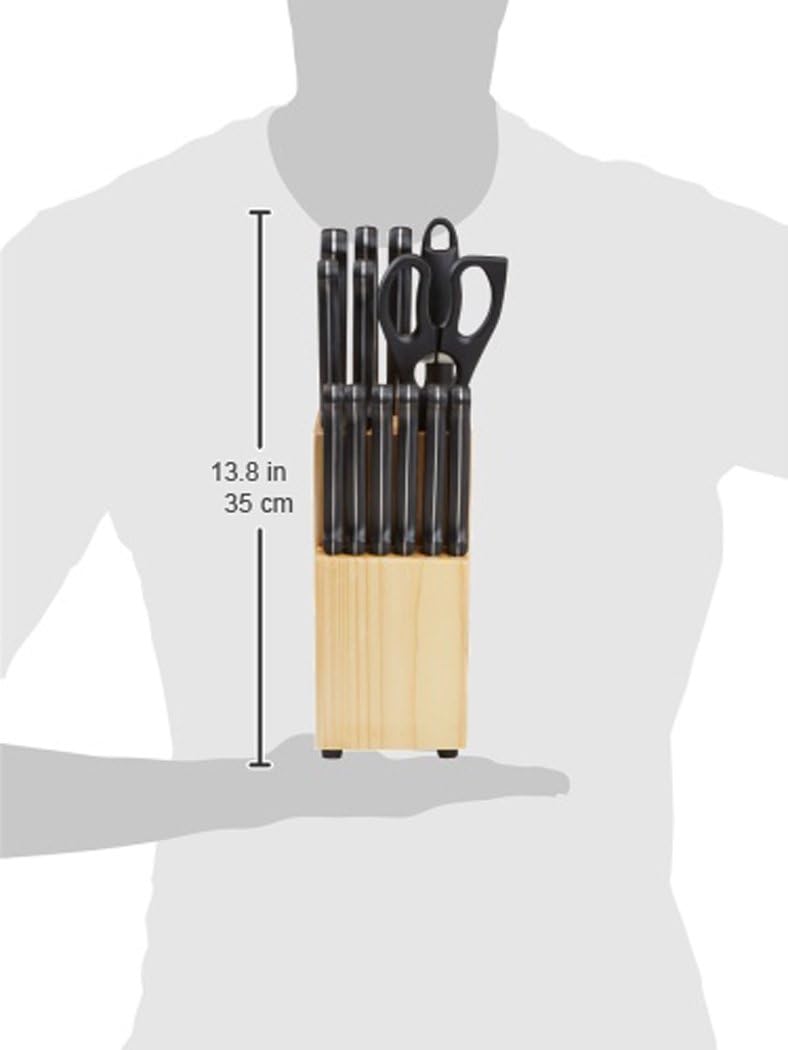 Basics 14-Piece High Carbon Stainless Steel Kitchen Knife Set with Full Tang Construction, Ergonomic Handles, Sharpener and Pinewood Block, Black