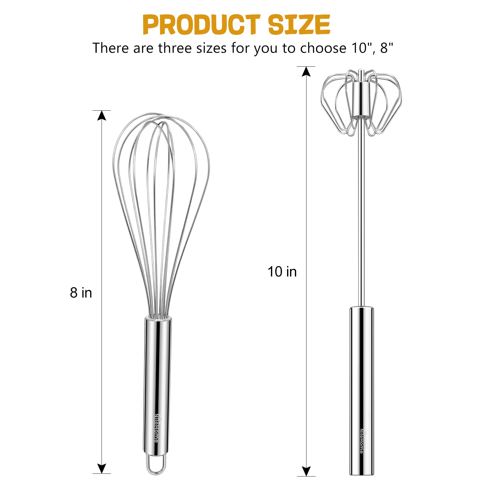 NileHome Stainless Steel Whisk Set 8" 10" 12" Kitchen Whisk Balloon Whisk Kitchen Wisk Wire Whisks for Cooking, Whisking, Blending, Beating, Stirring-3 Pack…