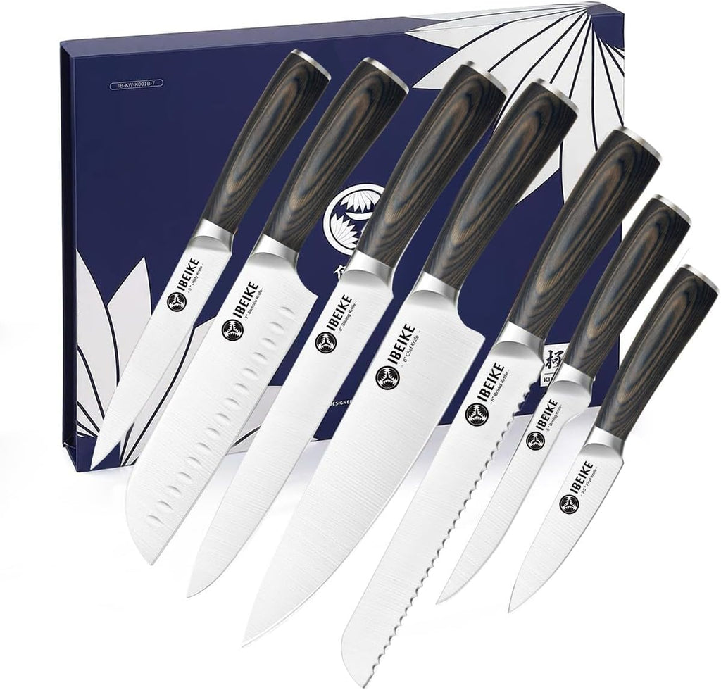 Chef Knife Set Professional - 7-Piece Kitchen knife Set without Block, High Carbon Stainless Steel Japanese-Style Kitchen knives, Full-Tang, Ergonomic Pakkawood Handle for Christmas
