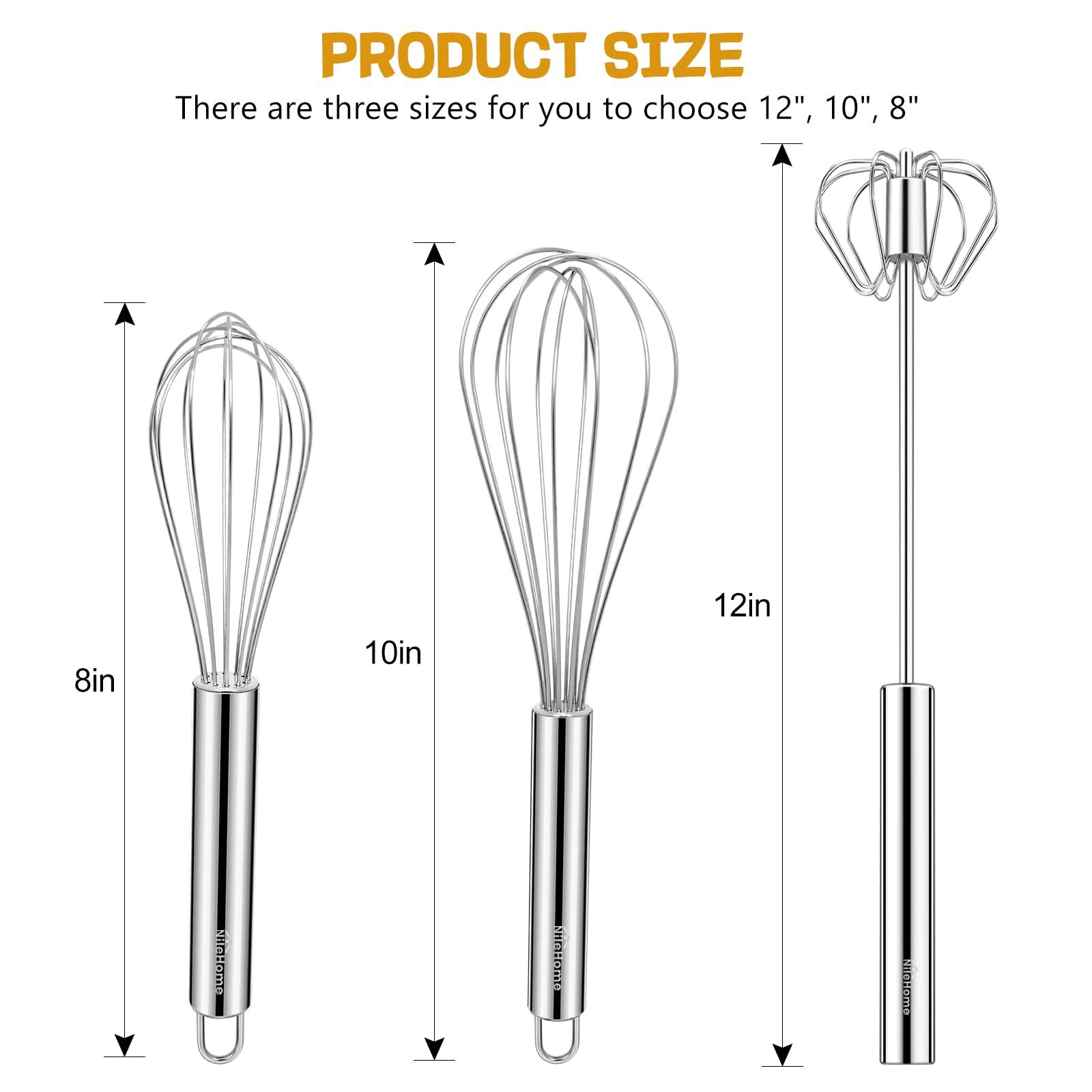 NileHome Stainless Steel Whisk Set 8" 10" 12" Kitchen Whisk Balloon Whisk Kitchen Wisk Wire Whisks for Cooking, Whisking, Blending, Beating, Stirring-3 Pack…