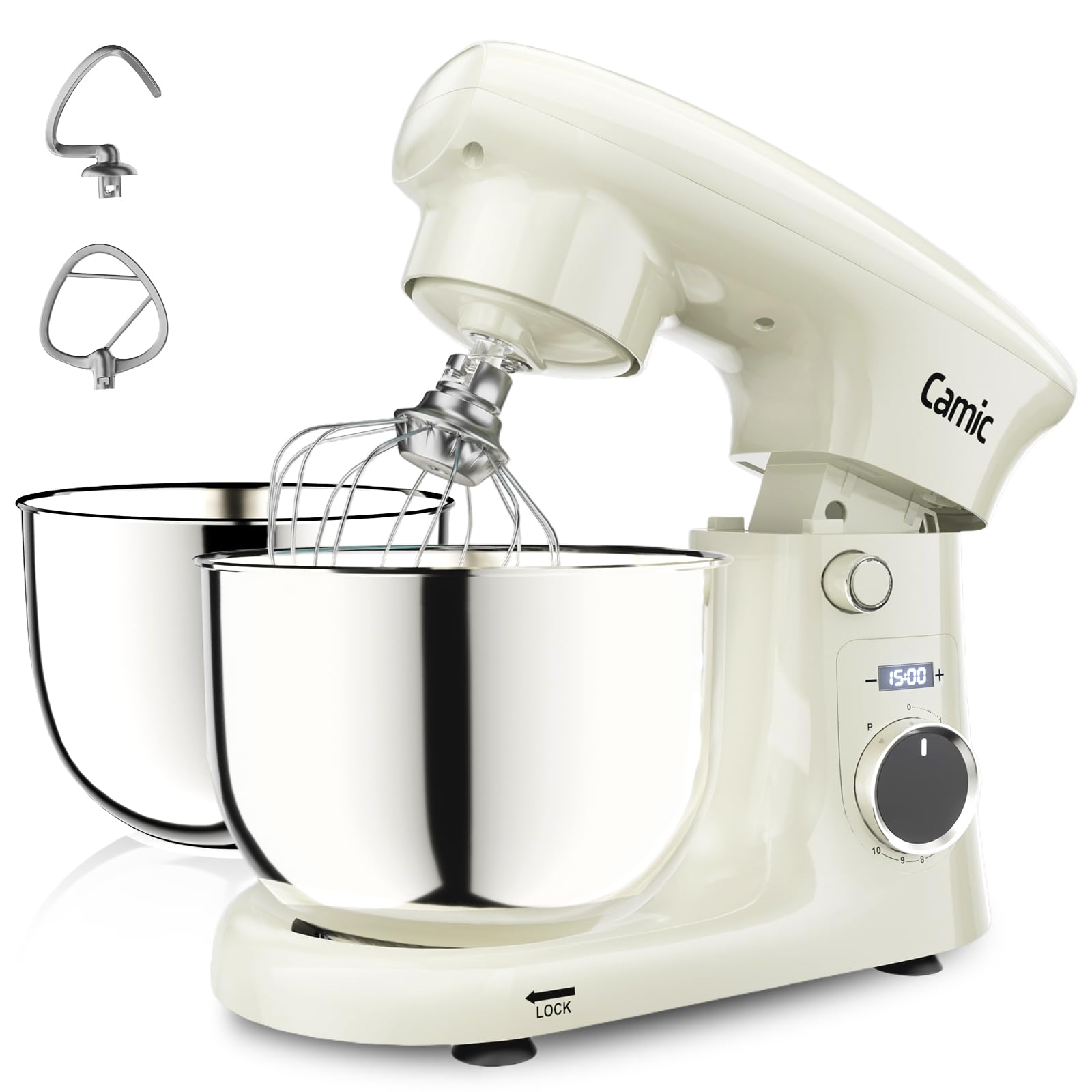 Camic Stand Mixer, 4.2QT+5.3QT Two bowls Electric Food Mixer, 10 Speeds with Digital setting 3-IN-1 Kitchen Mixer for Baking Cakes Cookie Bread Salad with Egg Whisk,Dough Hook,Flat Beater (Grey)
