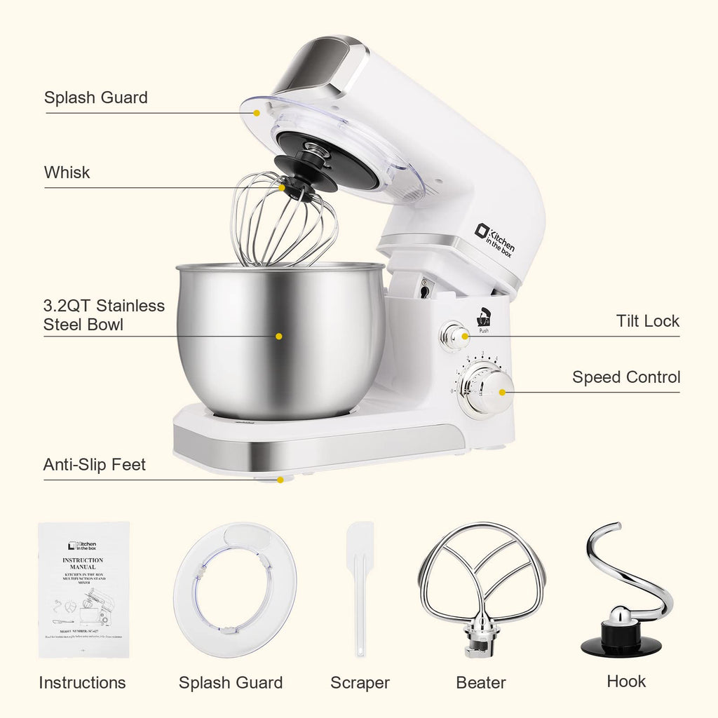Kitchen in the box Stand Mixer,3.2Qt Small Electric Food Mixer,6 Speeds Portable Lightweight Kitchen Mixer for Daily Use with Egg Whisk,Dough Hook,Flat Beater (Blue)