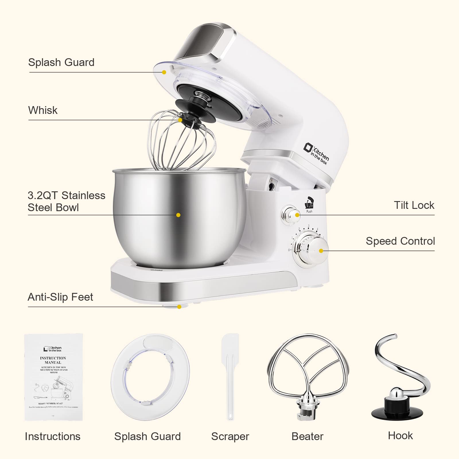 Kitchen in the box Stand Mixer,3.2Qt Small Electric Food Mixer,6 Speeds Portable Lightweight Kitchen Mixer for Daily Use with Egg Whisk,Dough Hook,Flat Beater (Blue)