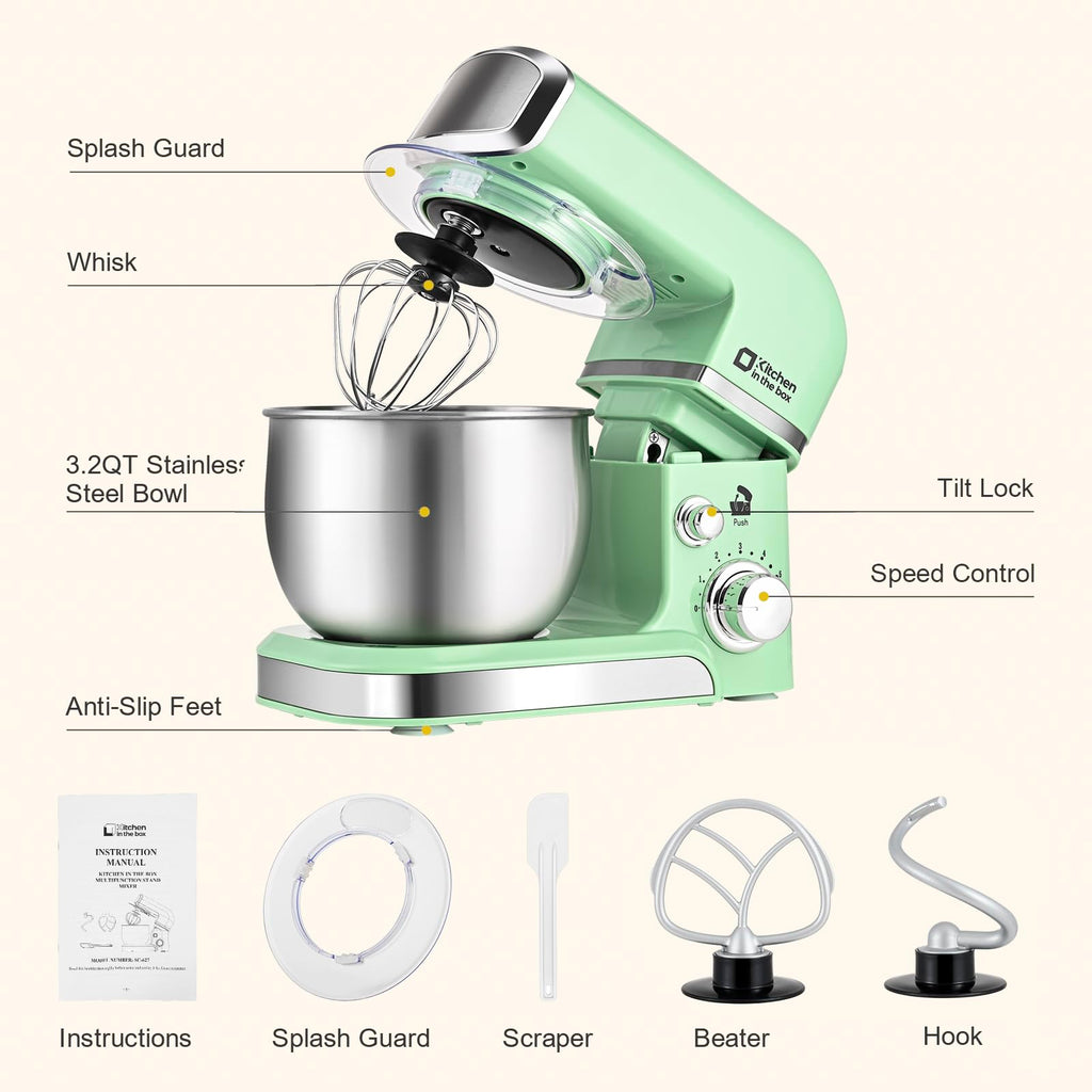 Kitchen in the box Stand Mixer,3.2Qt Small Electric Food Mixer,6 Speeds Portable Lightweight Kitchen Mixer for Daily Use with Egg Whisk,Dough Hook,Flat Beater (Blue)