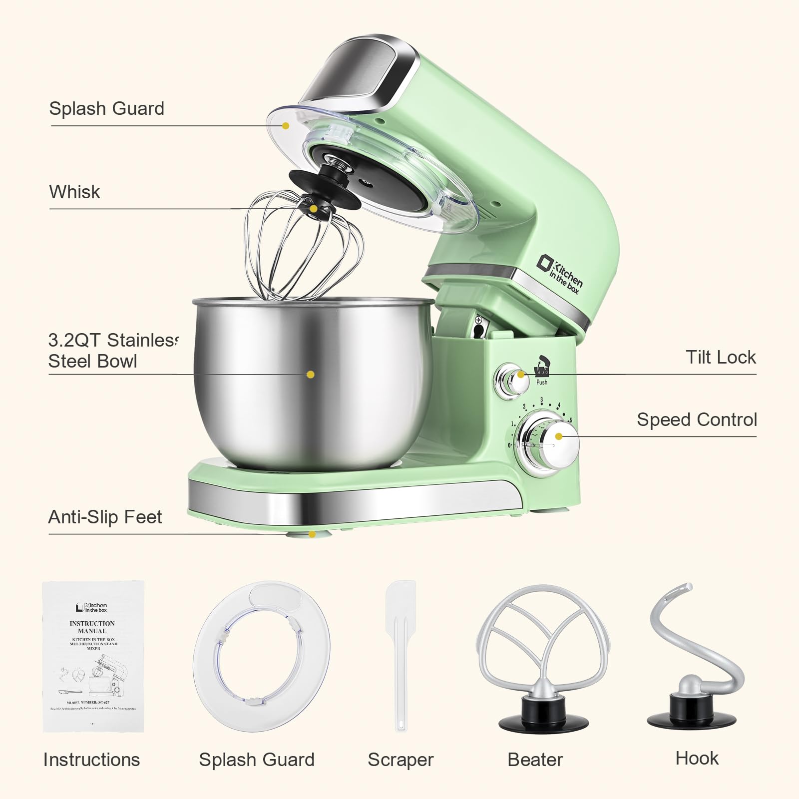 Kitchen in the box Stand Mixer,3.2Qt Small Electric Food Mixer,6 Speeds Portable Lightweight Kitchen Mixer for Daily Use with Egg Whisk,Dough Hook,Flat Beater (Blue)