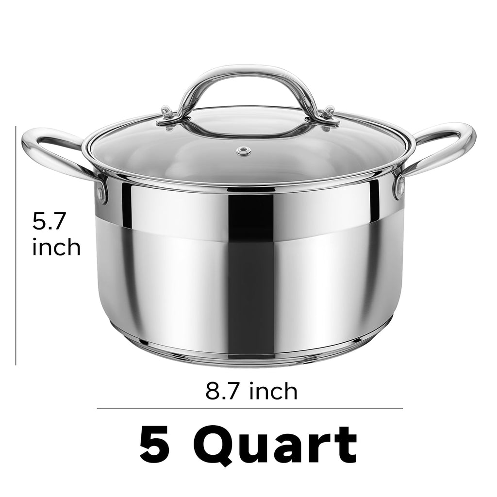Kirecoo Stainless Steel Stock Pot - 8 Quart Heavy Duty Induction Cooking Pot with Visible Lid for Pasta, Soup, Spaghetti, Nonstick Thick Bottom Big Stockpot, Deep Cookware for Canning, Boiling, Simmer