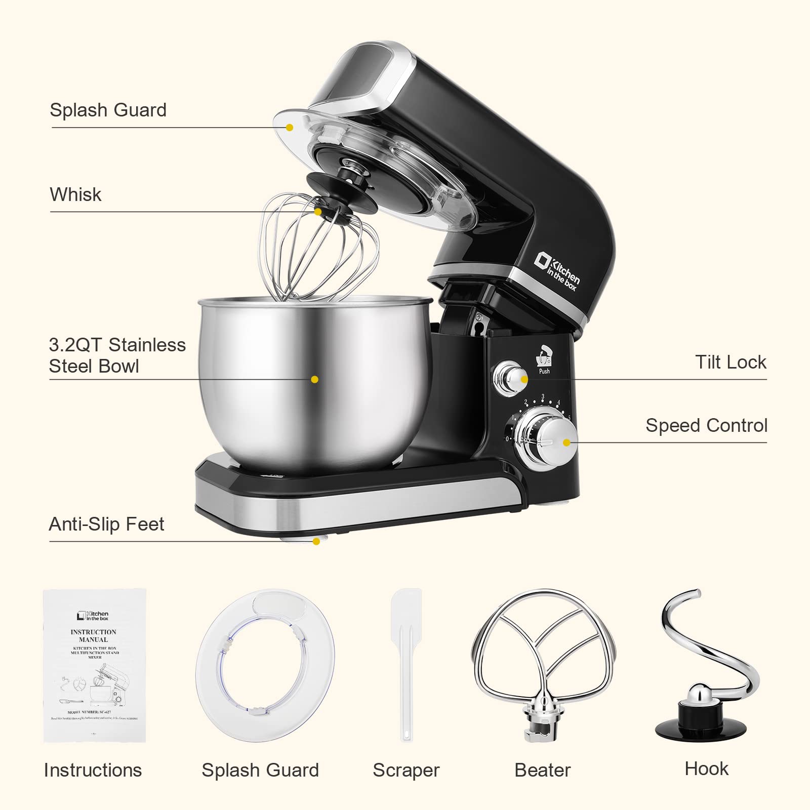 Kitchen in the box Stand Mixer,3.2Qt Small Electric Food Mixer,6 Speeds Portable Lightweight Kitchen Mixer for Daily Use with Egg Whisk,Dough Hook,Flat Beater (Blue)