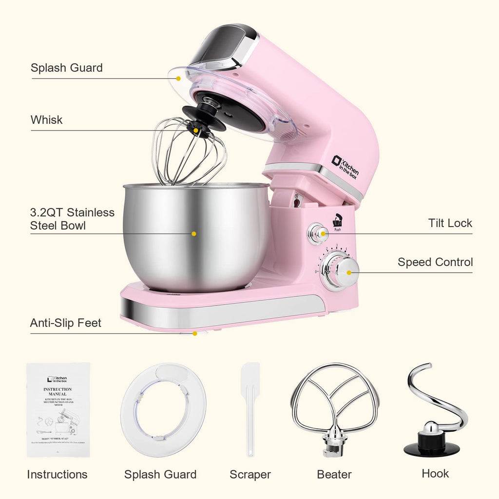 Kitchen in the box Stand Mixer,3.2Qt Small Electric Food Mixer,6 Speeds Portable Lightweight Kitchen Mixer for Daily Use with Egg Whisk,Dough Hook,Flat Beater (Blue)