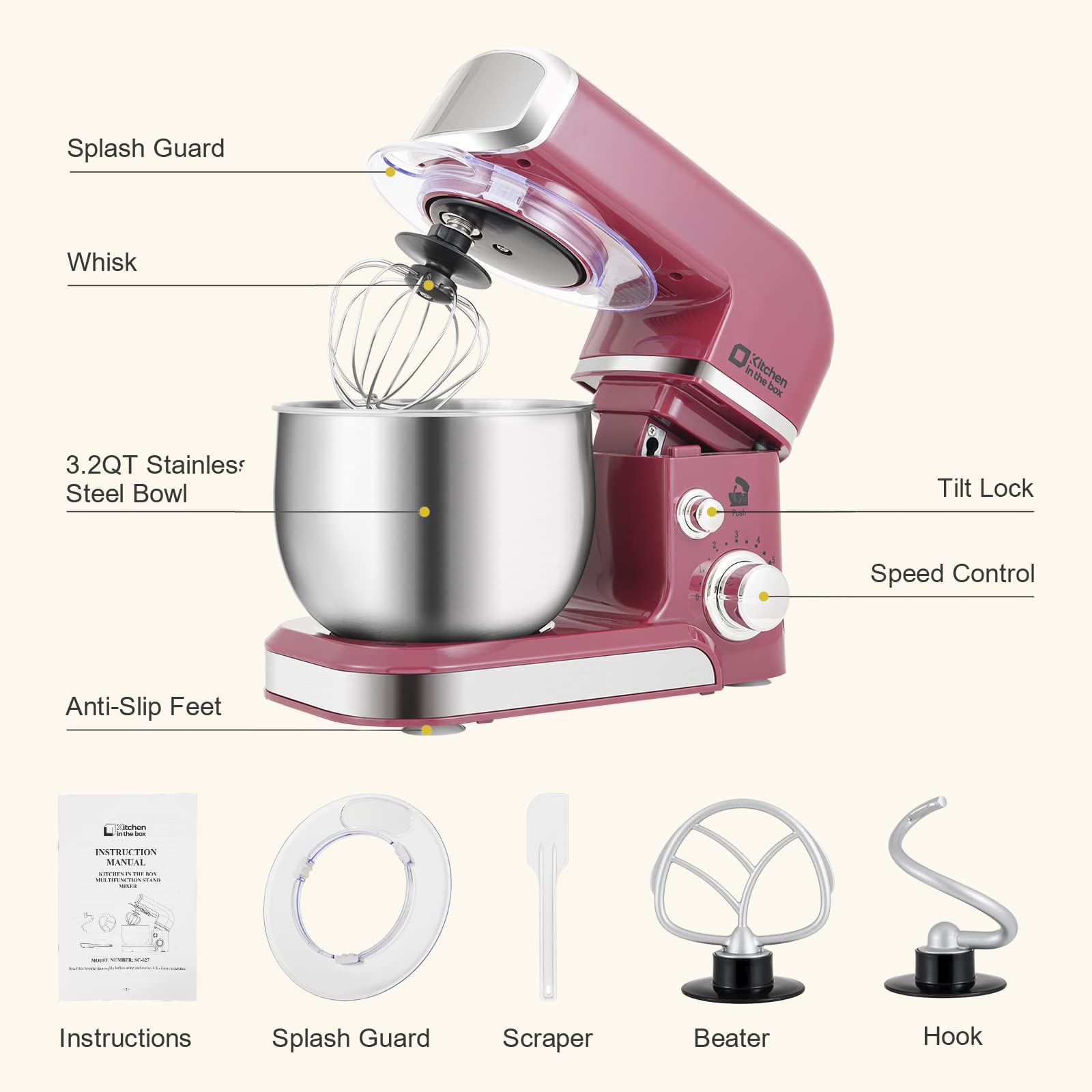 Kitchen in the box Stand Mixer,3.2Qt Small Electric Food Mixer,6 Speeds Portable Lightweight Kitchen Mixer for Daily Use with Egg Whisk,Dough Hook,Flat Beater (Blue)