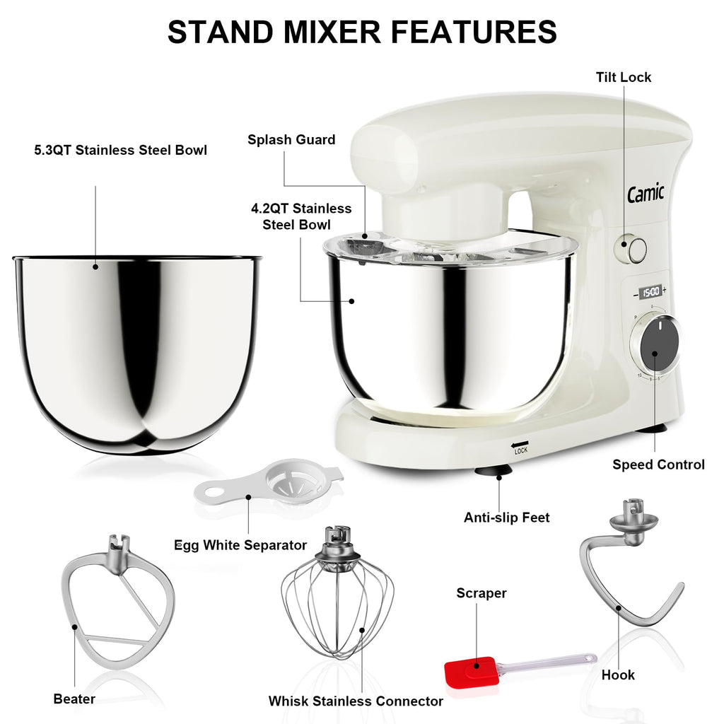 Camic Stand Mixer, 4.2QT+5.3QT Two bowls Electric Food Mixer, 10 Speeds with Digital setting 3-IN-1 Kitchen Mixer for Baking Cakes Cookie Bread Salad with Egg Whisk,Dough Hook,Flat Beater (Grey)