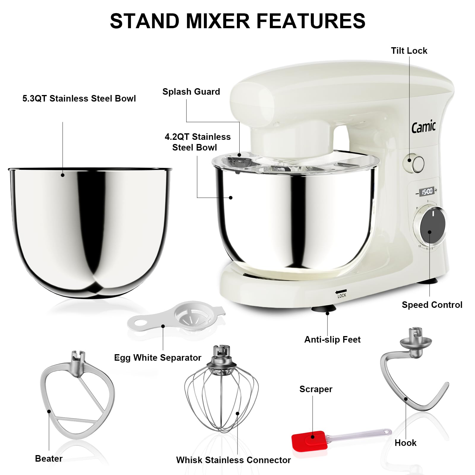 Camic Stand Mixer, 4.2QT+5.3QT Two bowls Electric Food Mixer, 10 Speeds with Digital setting 3-IN-1 Kitchen Mixer for Baking Cakes Cookie Bread Salad with Egg Whisk,Dough Hook,Flat Beater (Grey)