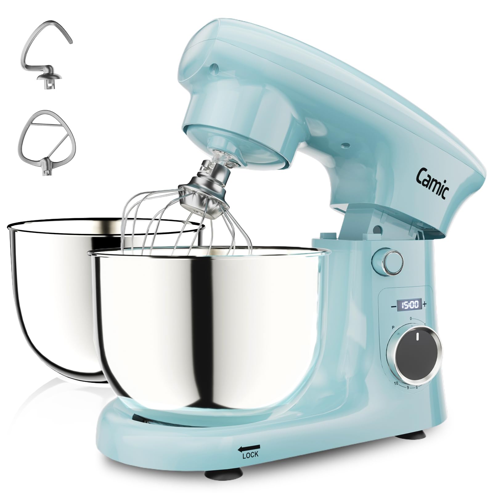 Camic Stand Mixer, 4.2QT+5.3QT Two bowls Electric Food Mixer, 10 Speeds with Digital setting 3-IN-1 Kitchen Mixer for Baking Cakes Cookie Bread Salad with Egg Whisk,Dough Hook,Flat Beater (Grey)