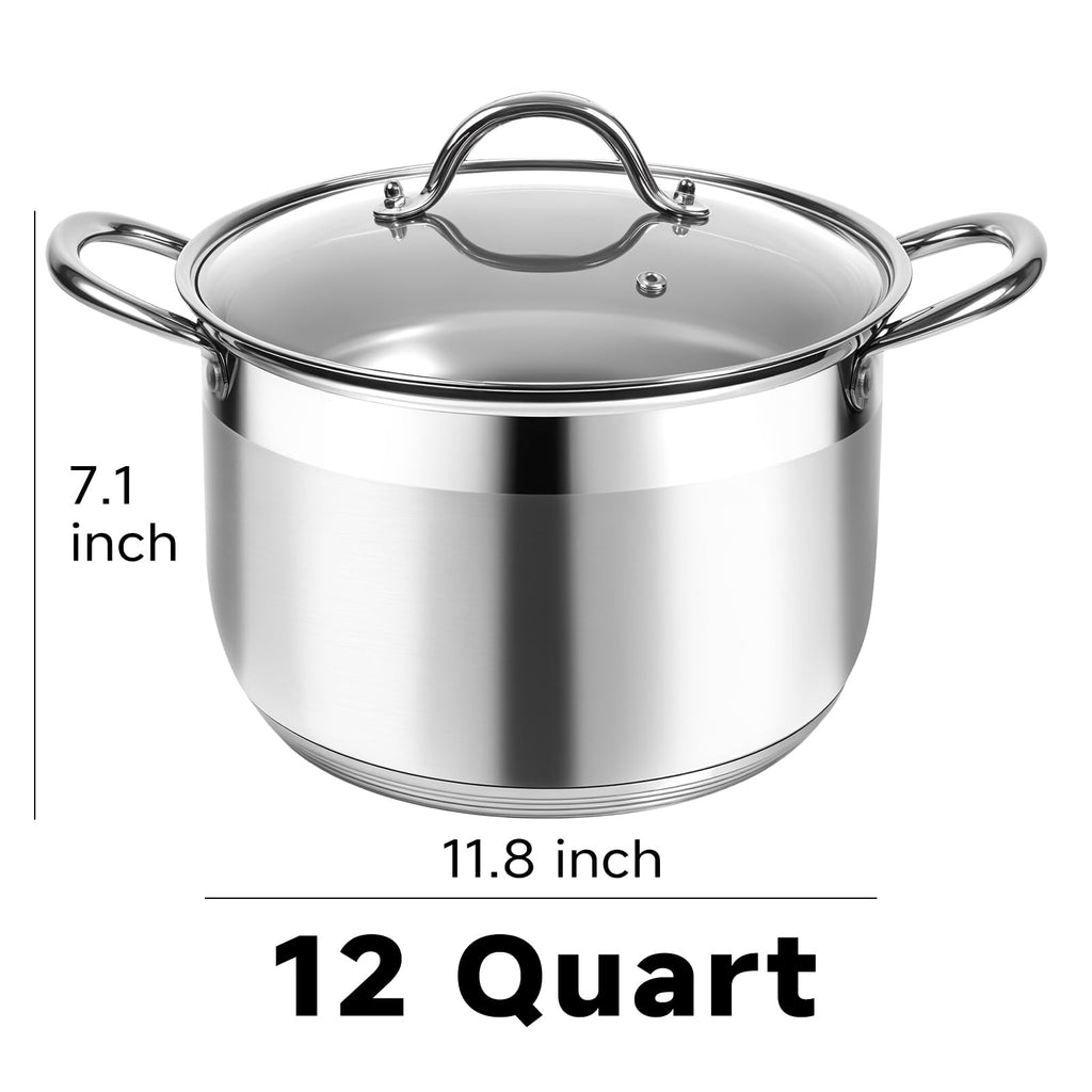 Kirecoo Stainless Steel Stock Pot - 8 Quart Heavy Duty Induction Cooking Pot with Visible Lid for Pasta, Soup, Spaghetti, Nonstick Thick Bottom Big Stockpot, Deep Cookware for Canning, Boiling, Simmer