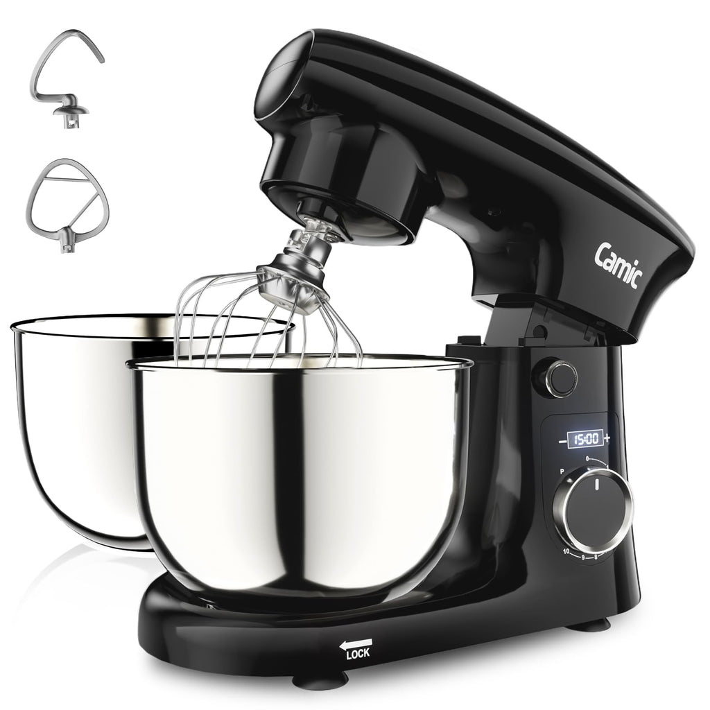 Camic Stand Mixer, 4.2QT+5.3QT Two bowls Electric Food Mixer, 10 Speeds with Digital setting 3-IN-1 Kitchen Mixer for Baking Cakes Cookie Bread Salad with Egg Whisk,Dough Hook,Flat Beater (Grey)