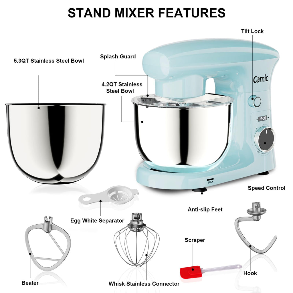 Camic Stand Mixer, 4.2QT+5.3QT Two bowls Electric Food Mixer, 10 Speeds with Digital setting 3-IN-1 Kitchen Mixer for Baking Cakes Cookie Bread Salad with Egg Whisk,Dough Hook,Flat Beater (Grey)