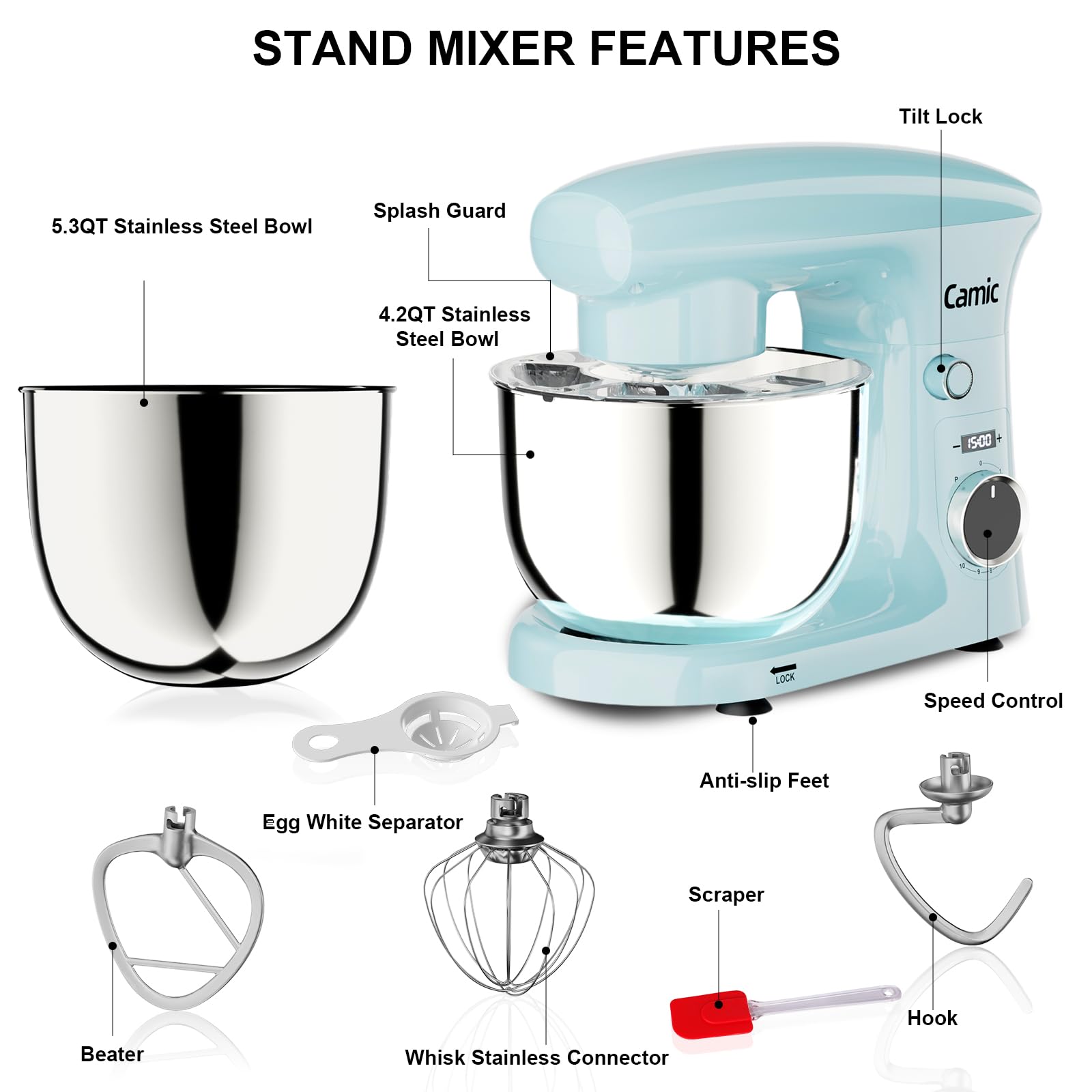 Camic Stand Mixer, 4.2QT+5.3QT Two bowls Electric Food Mixer, 10 Speeds with Digital setting 3-IN-1 Kitchen Mixer for Baking Cakes Cookie Bread Salad with Egg Whisk,Dough Hook,Flat Beater (Grey)
