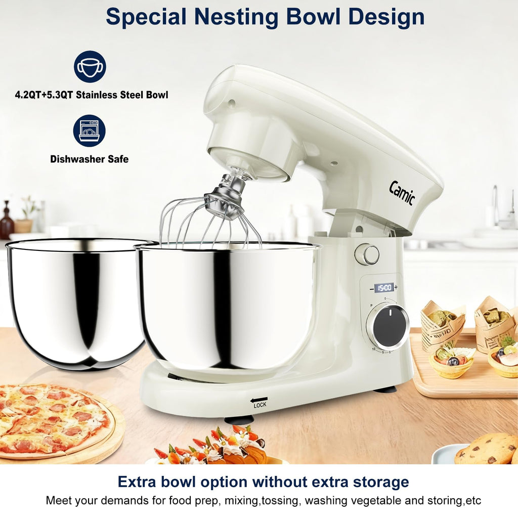 Camic Stand Mixer, 4.2QT+5.3QT Two bowls Electric Food Mixer, 10 Speeds with Digital setting 3-IN-1 Kitchen Mixer for Baking Cakes Cookie Bread Salad with Egg Whisk,Dough Hook,Flat Beater (Grey)