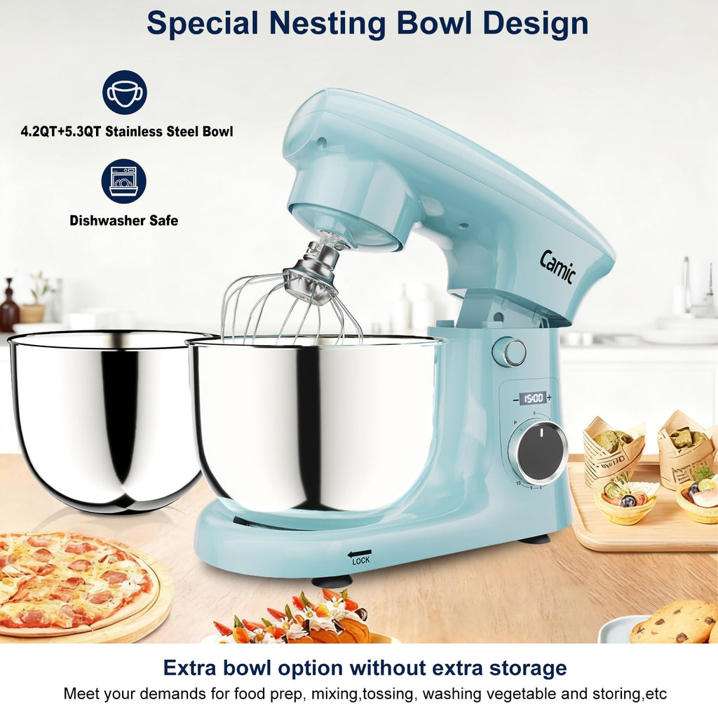 Camic Stand Mixer, 4.2QT+5.3QT Two bowls Electric Food Mixer, 10 Speeds with Digital setting 3-IN-1 Kitchen Mixer for Baking Cakes Cookie Bread Salad with Egg Whisk,Dough Hook,Flat Beater (Grey)