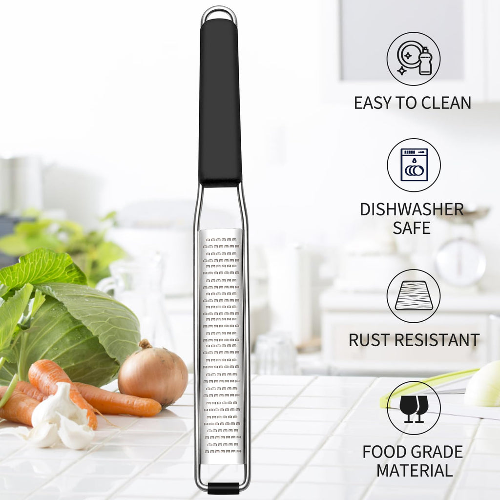 Cambom Lemon Zester Grater Three-piece Suit - Heavy Duty Kitchen Tool for Parmesan Cheese, Ginger, Garlic, Nutmeg, Chocolate, Vegetables，Fruits，Stainless Steel Grater Dishwasher Safe Black