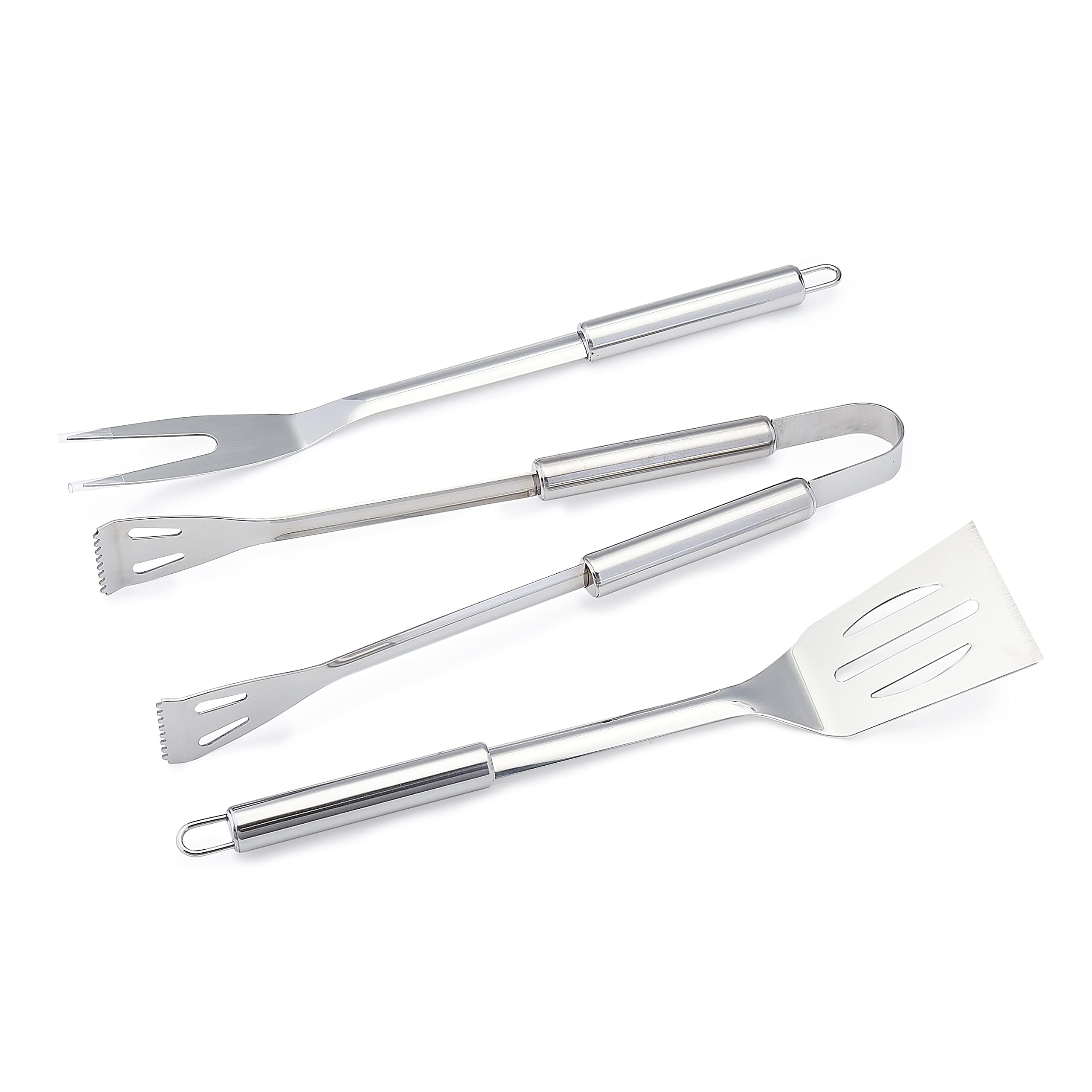 Amazon Basics 4-Piece Stainless Steel BBQ Grilling Tool Set for Outdoor Cooking, Griddle Spatula, Heat Resistant, Dishwasher Safe, Silver