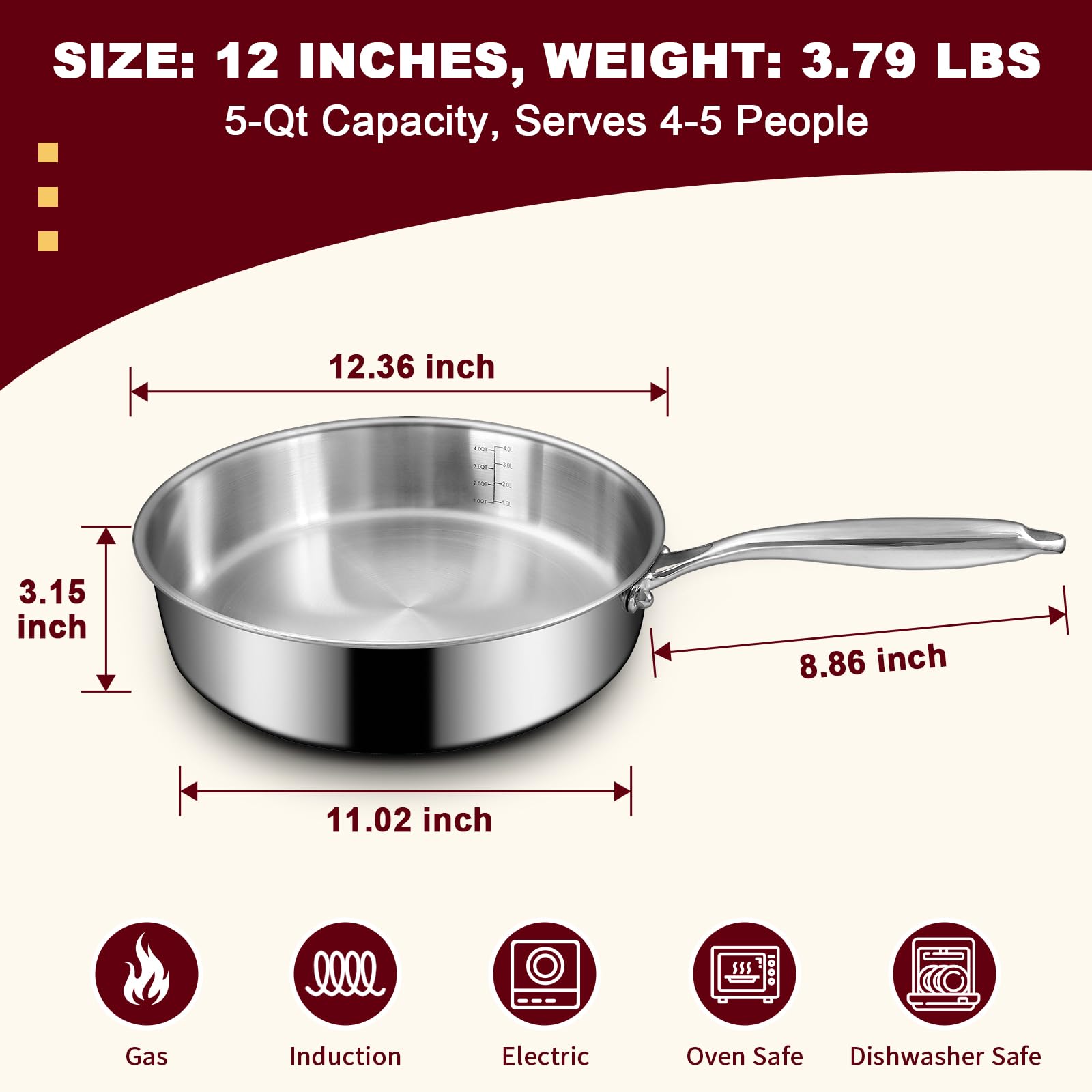 EWFEN 12 Inch Tri-Ply Stainless Steel Frying Pan, Compatible with All Cooktops Up to 600℉, Large Frying Pan Induction-Ready Skillet, Dishwasher and Oven Safe, Even Heat, 12" Skillet