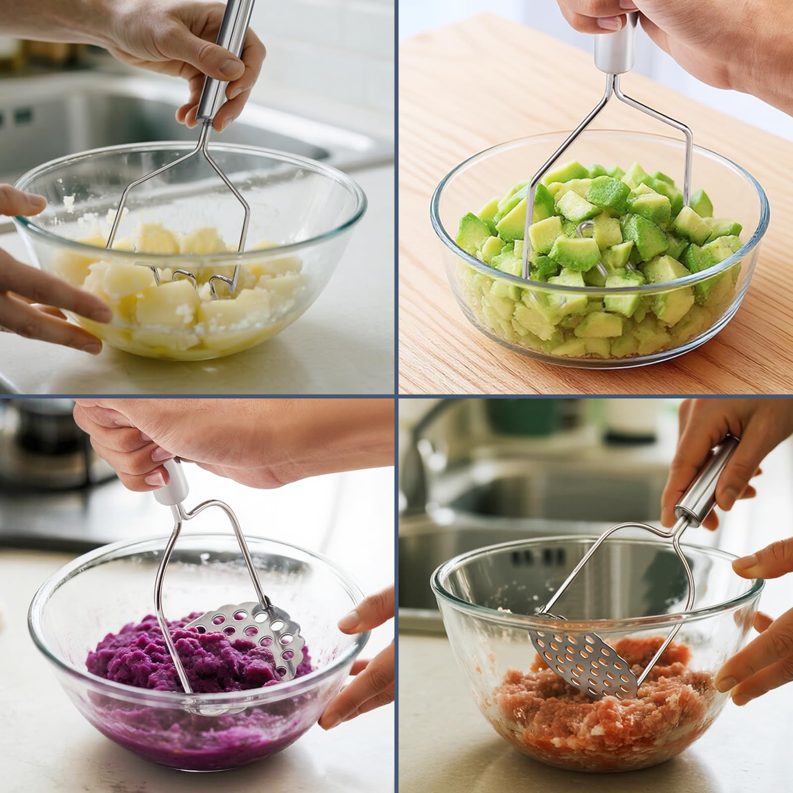 2PCS Mashed Potato Masher - Stainless Steel Potato Smasher, Masher Kitchen Tools & Utensils for Avocado, Bean, Salad, Vegetables, Fruit, Food, Meat Smasher Tool for Ground Beef