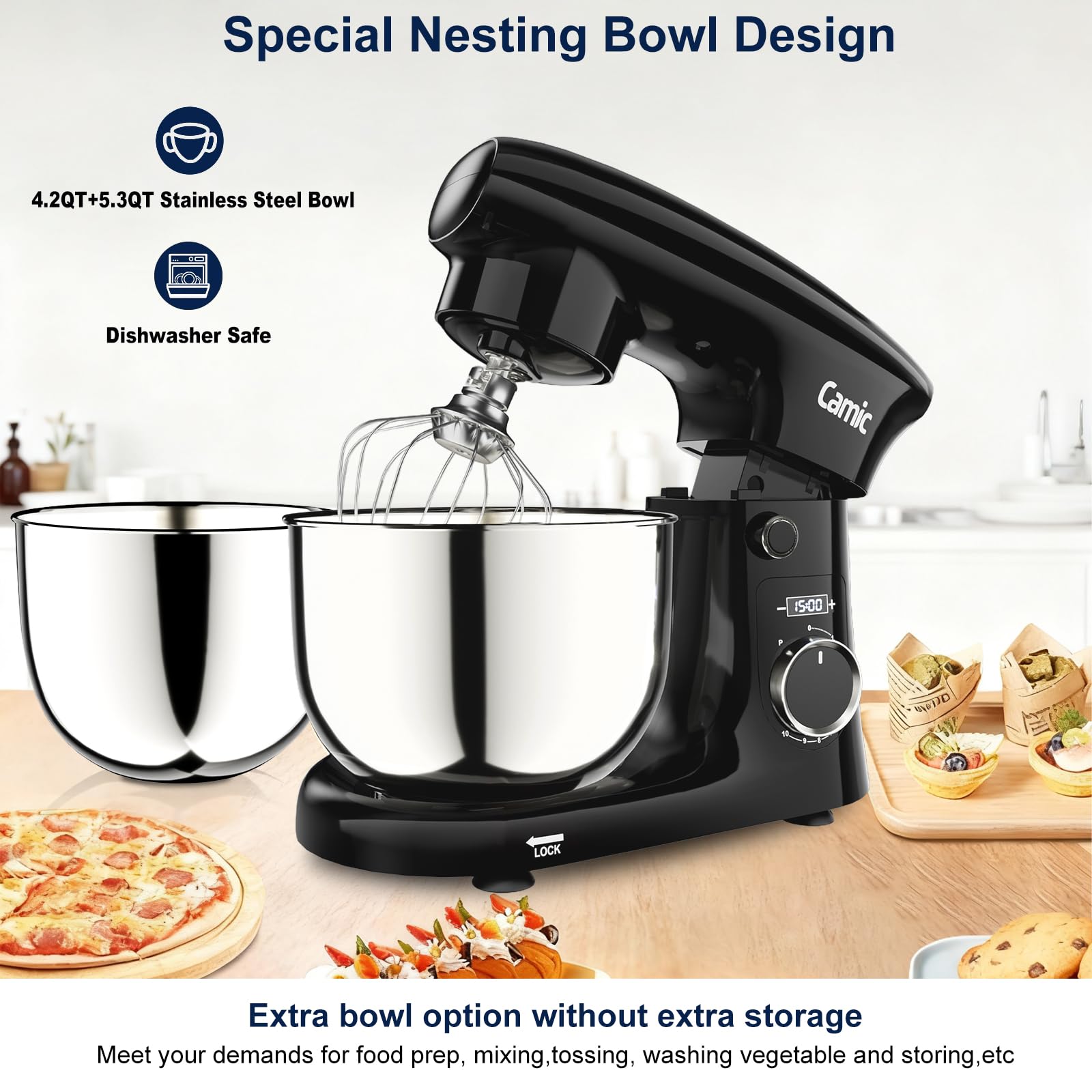 Camic Stand Mixer, 4.2QT+5.3QT Two bowls Electric Food Mixer, 10 Speeds with Digital setting 3-IN-1 Kitchen Mixer for Baking Cakes Cookie Bread Salad with Egg Whisk,Dough Hook,Flat Beater (Grey)