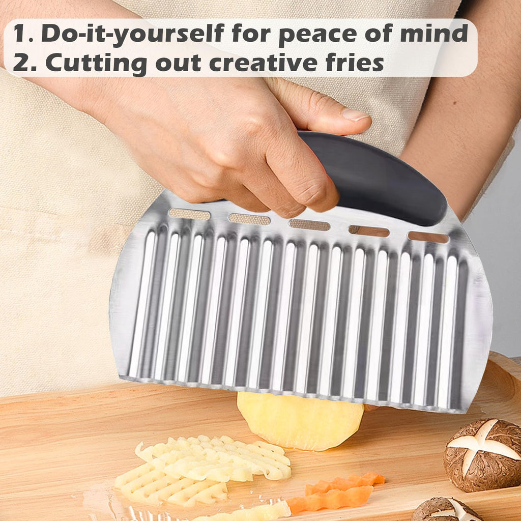 JAYVAR Large Crinkle Cutter French Fry Cutter, Large Crinkle Potato Slicer Wavy Chopper, Stainless Steel Wavy Slicer Crinkle Cutting Chopping Tools with Handle for Carrot Vegetable