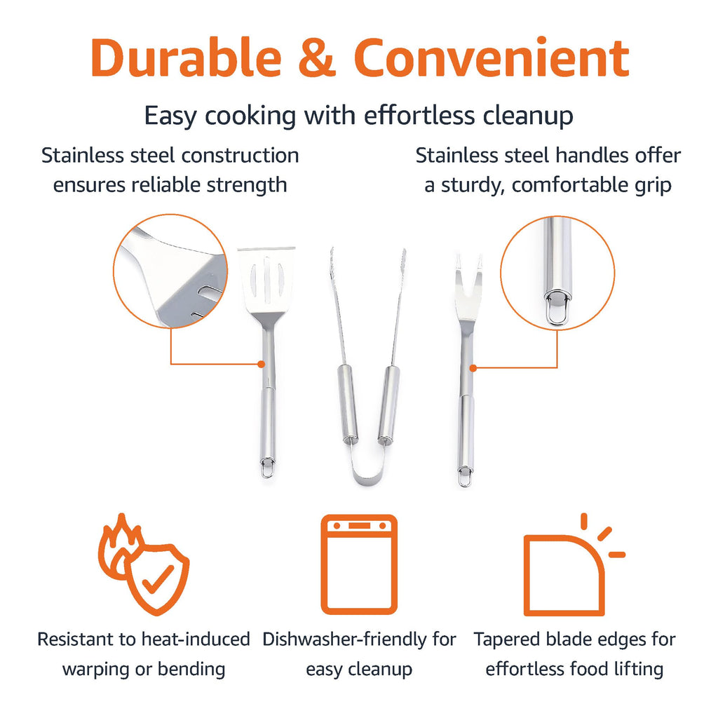 Amazon Basics 4-Piece Stainless Steel BBQ Grilling Tool Set for Outdoor Cooking, Griddle Spatula, Heat Resistant, Dishwasher Safe, Silver