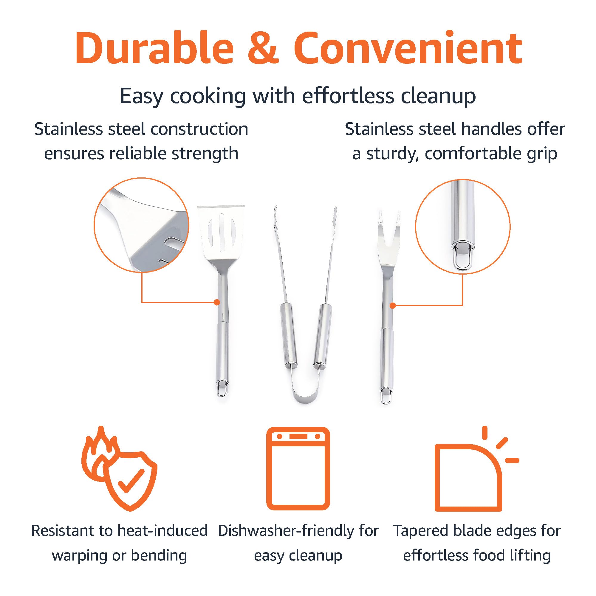 Amazon Basics 4-Piece Stainless Steel BBQ Grilling Tool Set for Outdoor Cooking, Griddle Spatula, Heat Resistant, Dishwasher Safe, Silver