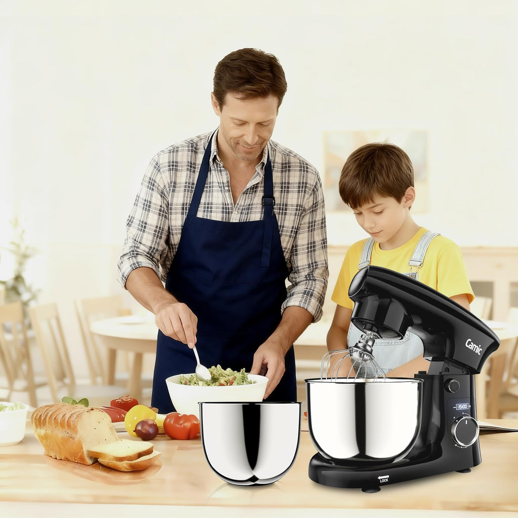 Camic Stand Mixer, 4.2QT+5.3QT Two bowls Electric Food Mixer, 10 Speeds with Digital setting 3-IN-1 Kitchen Mixer for Baking Cakes Cookie Bread Salad with Egg Whisk,Dough Hook,Flat Beater (Grey)
