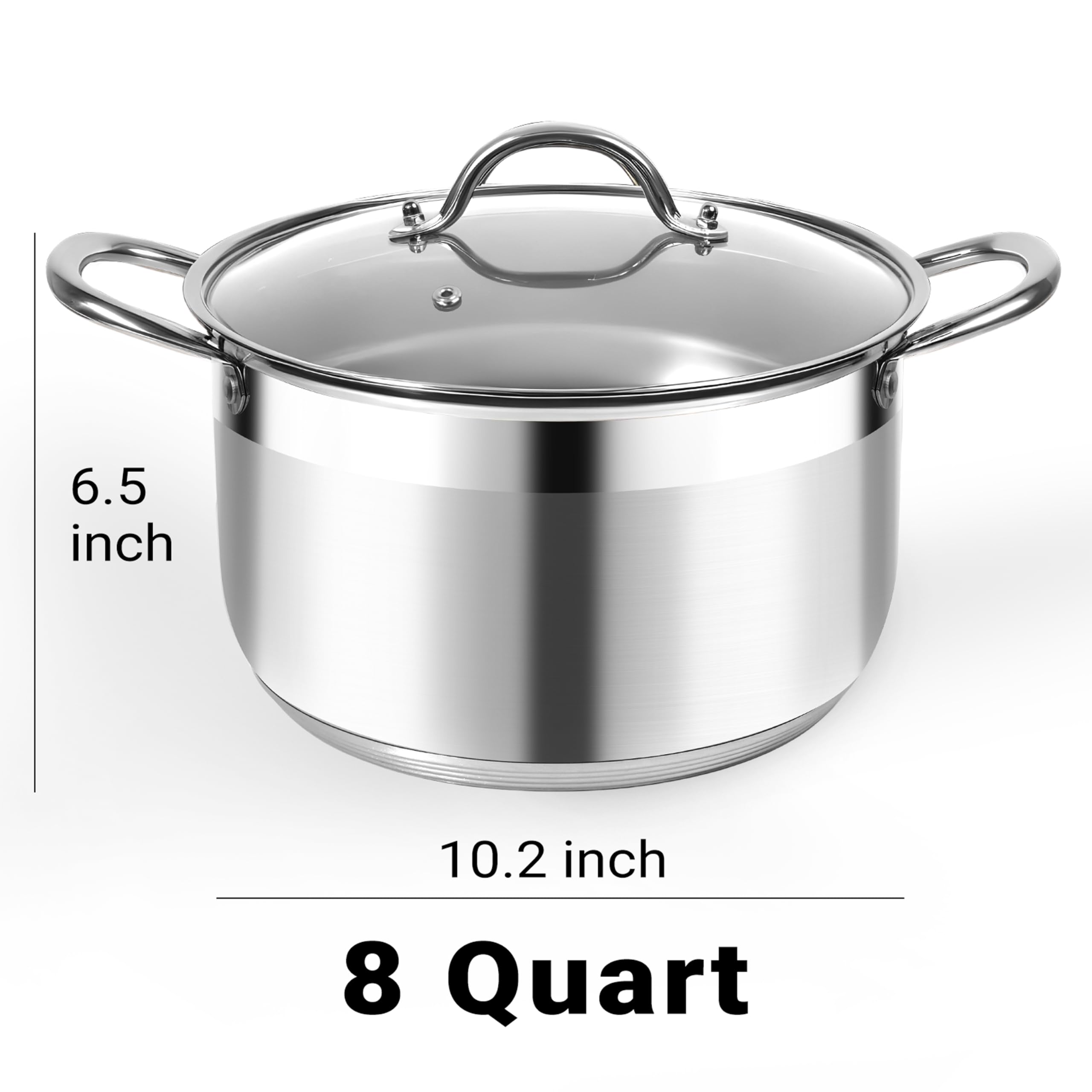 Kirecoo Stainless Steel Stock Pot - 8 Quart Heavy Duty Induction Cooking Pot with Visible Lid for Pasta, Soup, Spaghetti, Nonstick Thick Bottom Big Stockpot, Deep Cookware for Canning, Boiling, Simmer