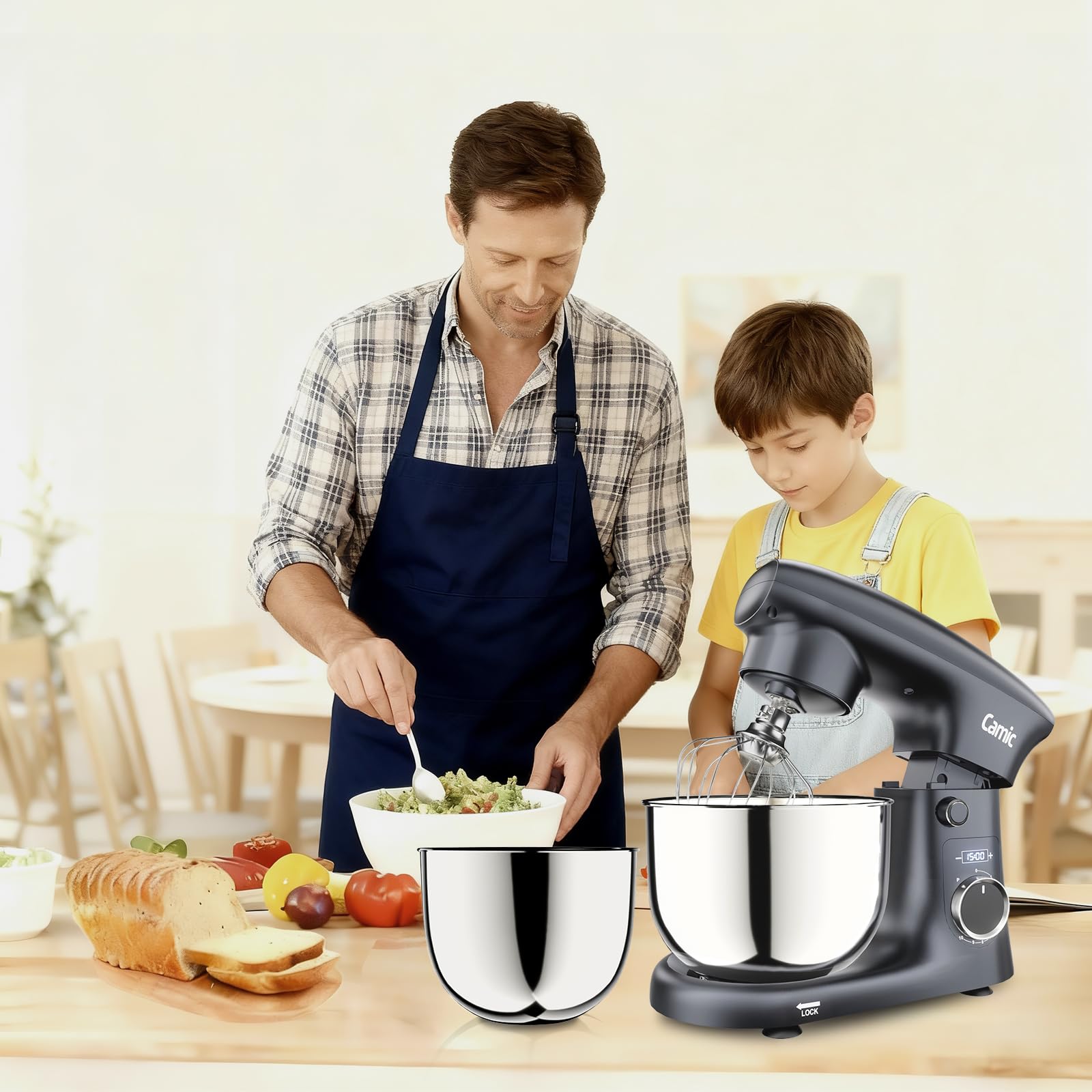 Camic Stand Mixer, 4.2QT+5.3QT Two bowls Electric Food Mixer, 10 Speeds with Digital setting 3-IN-1 Kitchen Mixer for Baking Cakes Cookie Bread Salad with Egg Whisk,Dough Hook,Flat Beater (Grey)