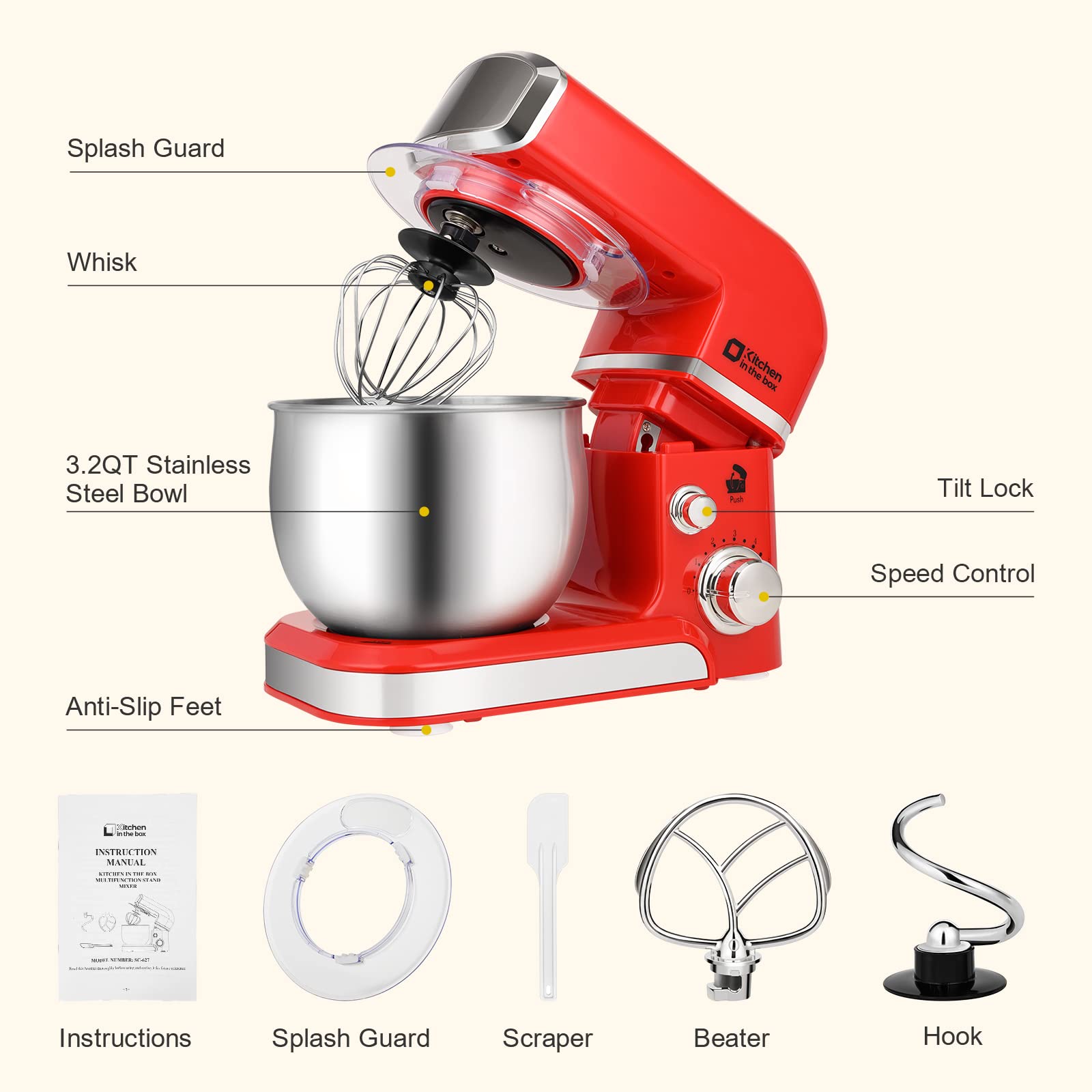 Kitchen in the box Stand Mixer,3.2Qt Small Electric Food Mixer,6 Speeds Portable Lightweight Kitchen Mixer for Daily Use with Egg Whisk,Dough Hook,Flat Beater (Blue)
