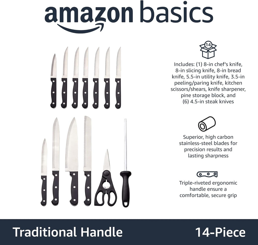 Basics 14-Piece High Carbon Stainless Steel Kitchen Knife Set with Full Tang Construction, Ergonomic Handles, Sharpener and Pinewood Block, Black