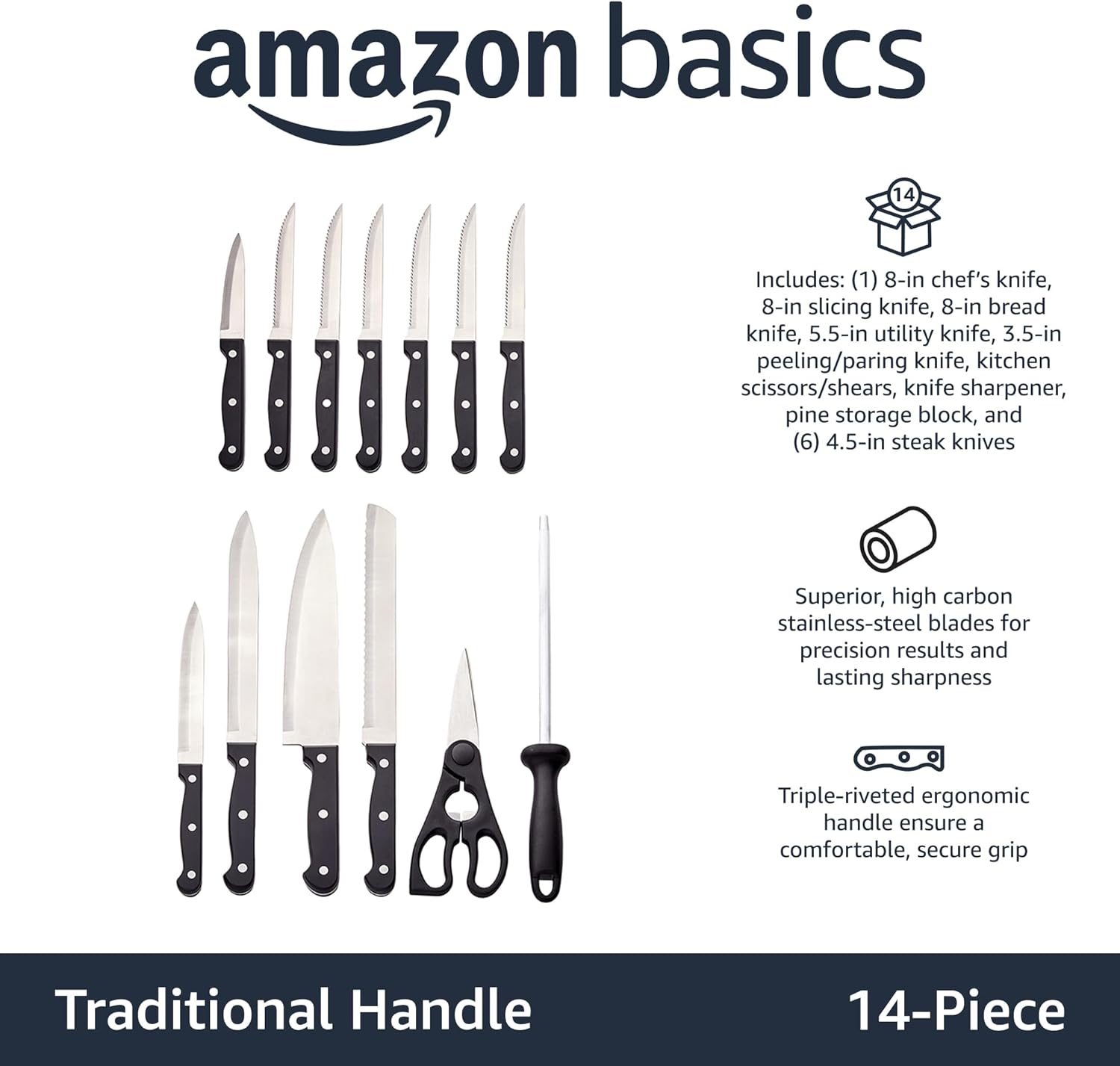 Basics 14-Piece High Carbon Stainless Steel Kitchen Knife Set with Full Tang Construction, Ergonomic Handles, Sharpener and Pinewood Block, Black