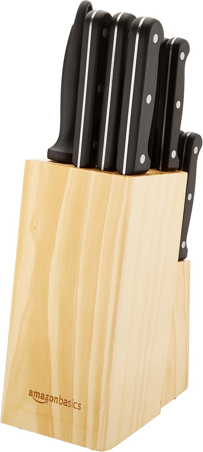 Basics 14-Piece High Carbon Stainless Steel Kitchen Knife Set with Full Tang Construction, Ergonomic Handles, Sharpener and Pinewood Block, Black