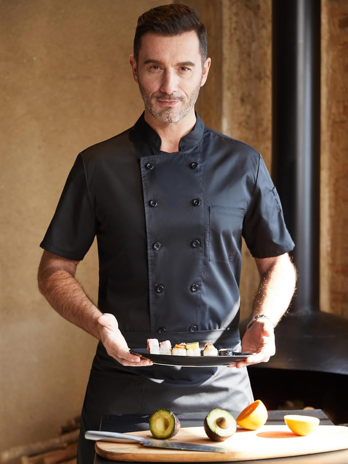 KITCHIEF Black Chef Coat With Mesh Lightweight Chef Jacket Men Short Sleeve Chef Uniform for Kitchen,Restaurant,Bakery