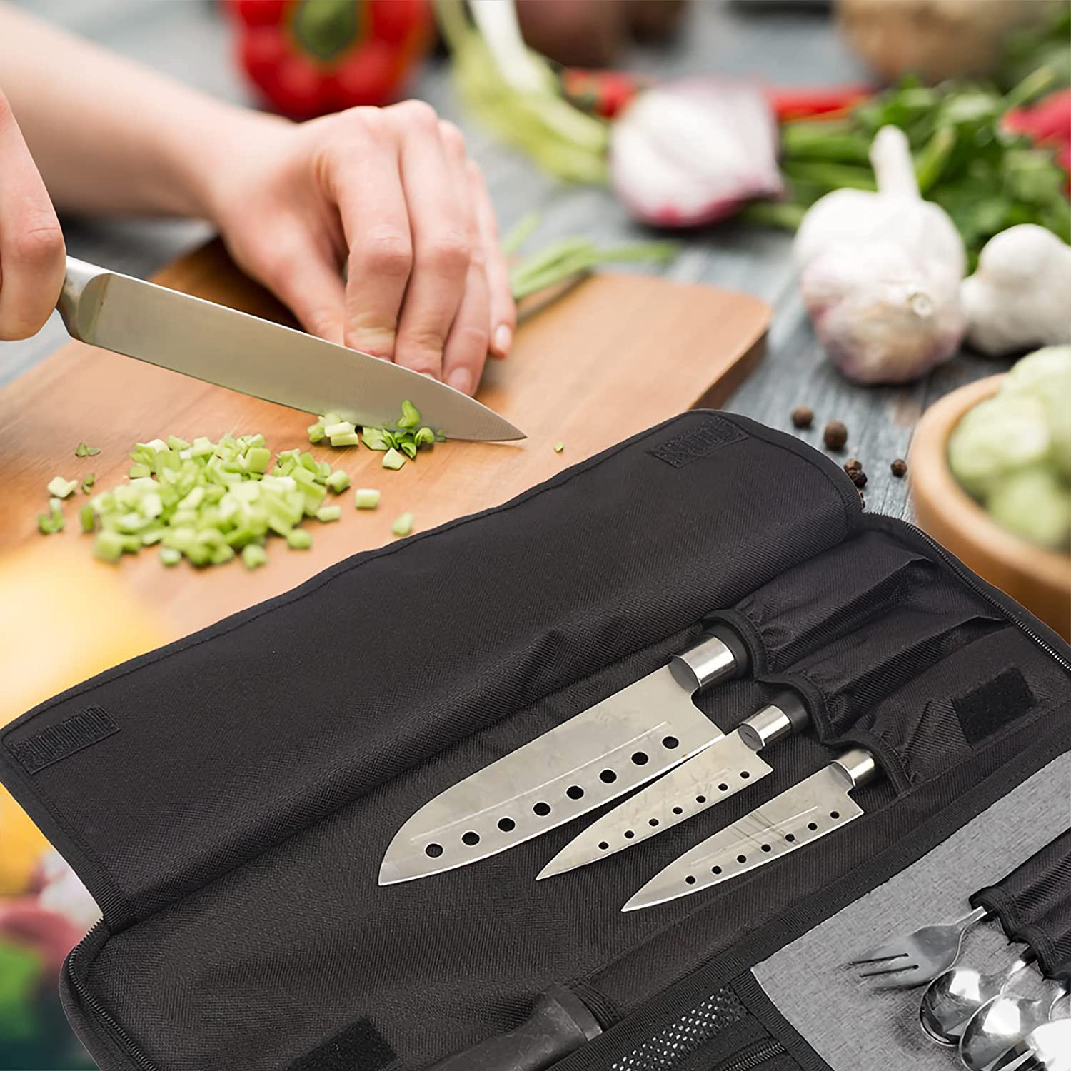 Chef’s Knife Roll Bag, Heavy Duty Oxford Chef Knife Bag, Portable 13 Slots Chef Knife Case, Multi-function Cutlery Knives Pouch Holder Knife Wrap Wallet Tool Roll