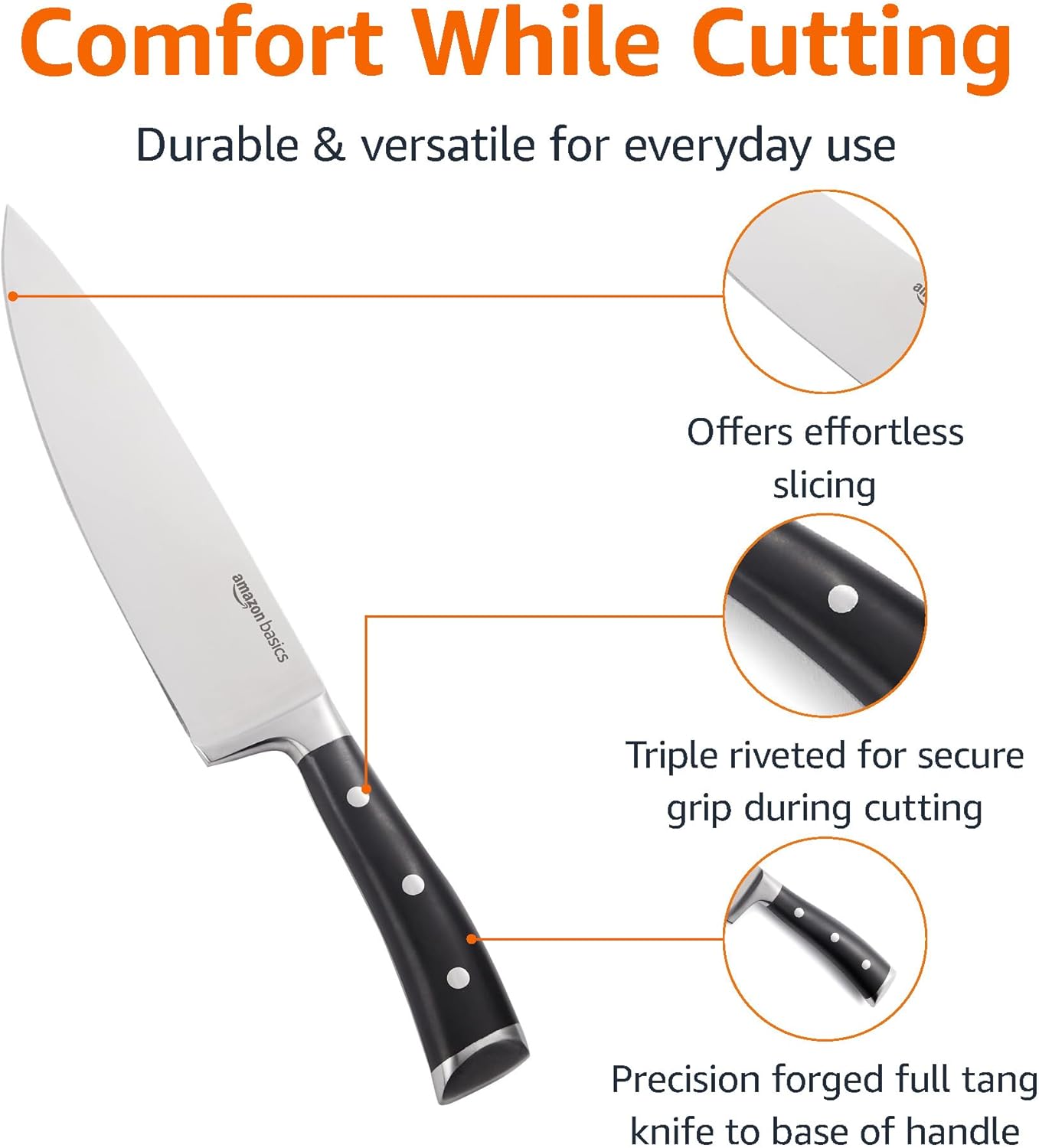 Classic 8-inch Full Tang High Carbon Stainless Steel Chef's Knife, Multipurpose Kitchen Knife with Three Rivets, Silver