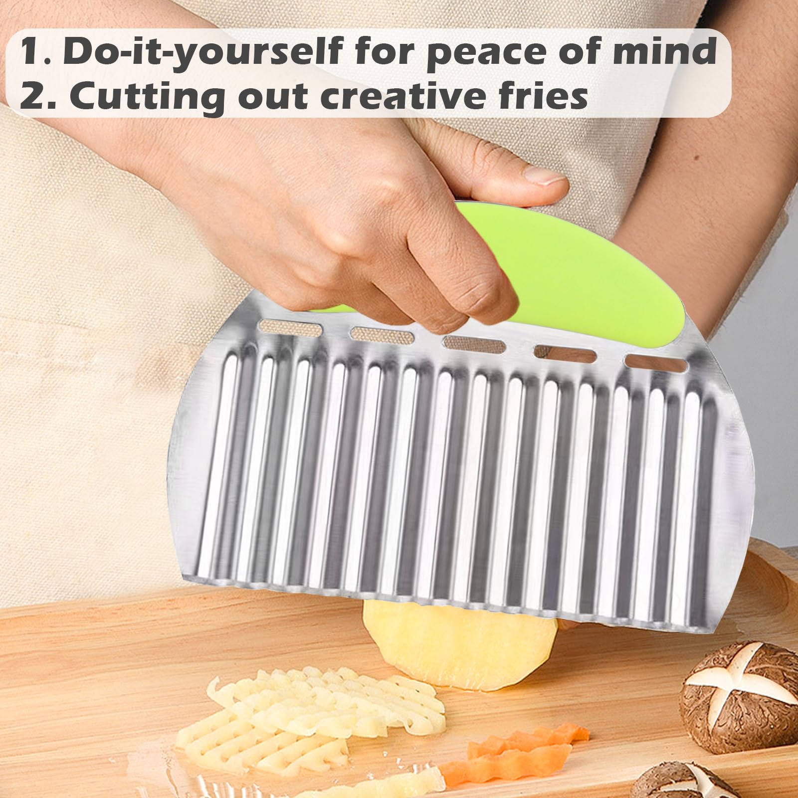 JAYVAR Large Crinkle Cutter French Fry Cutter, Large Crinkle Potato Slicer Wavy Chopper, Stainless Steel Wavy Slicer Crinkle Cutting Chopping Tools with Handle for Carrot Vegetable