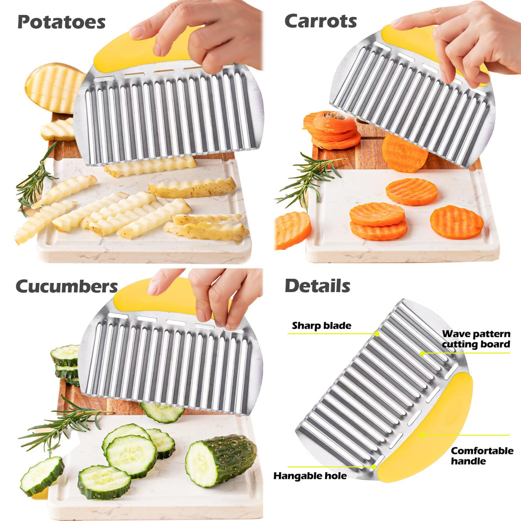 JAYVAR Large Crinkle Cutter French Fry Cutter, Large Crinkle Potato Slicer Wavy Chopper, Stainless Steel Wavy Slicer Crinkle Cutting Chopping Tools with Handle for Carrot Vegetable