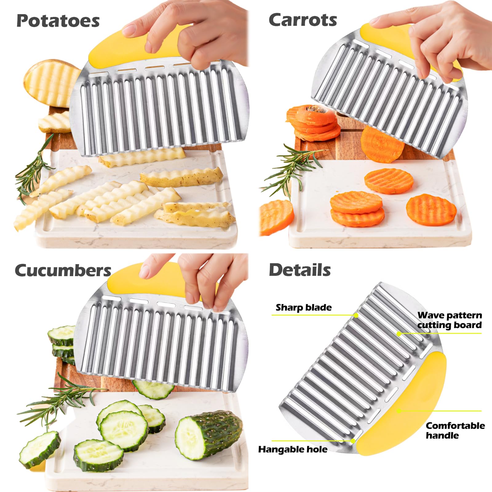 JAYVAR Large Crinkle Cutter French Fry Cutter, Large Crinkle Potato Slicer Wavy Chopper, Stainless Steel Wavy Slicer Crinkle Cutting Chopping Tools with Handle for Carrot Vegetable