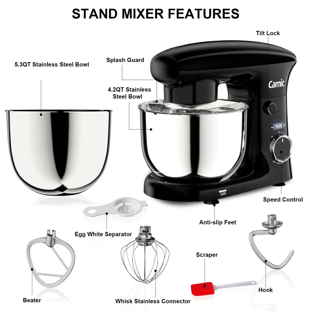 Camic Stand Mixer, 4.2QT+5.3QT Two bowls Electric Food Mixer, 10 Speeds with Digital setting 3-IN-1 Kitchen Mixer for Baking Cakes Cookie Bread Salad with Egg Whisk,Dough Hook,Flat Beater (Grey)