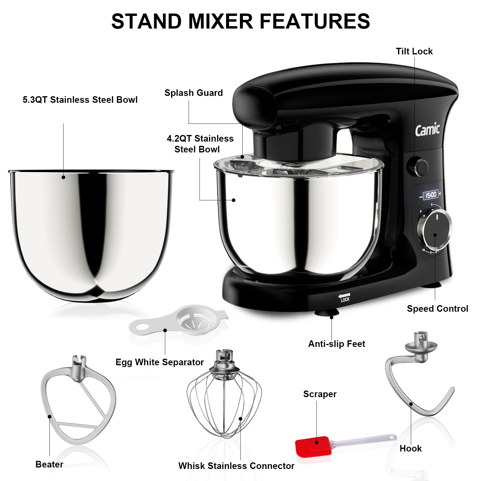 Camic Stand Mixer, 4.2QT+5.3QT Two bowls Electric Food Mixer, 10 Speeds with Digital setting 3-IN-1 Kitchen Mixer for Baking Cakes Cookie Bread Salad with Egg Whisk,Dough Hook,Flat Beater (Grey)