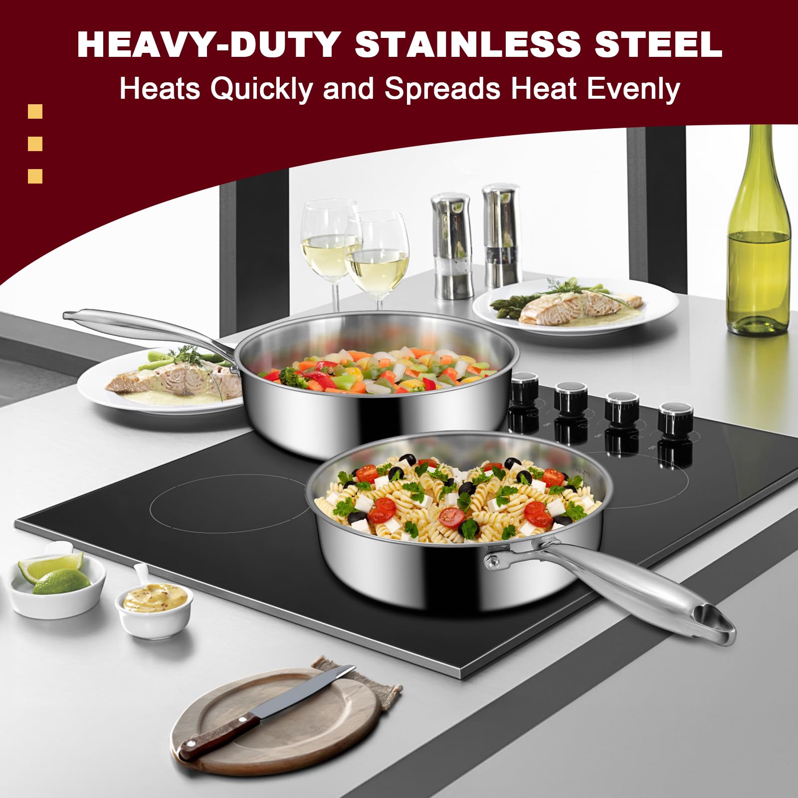 EWFEN 12 Inch Tri-Ply Stainless Steel Frying Pan, Compatible with All Cooktops Up to 600℉, Large Frying Pan Induction-Ready Skillet, Dishwasher and Oven Safe, Even Heat, 12" Skillet
