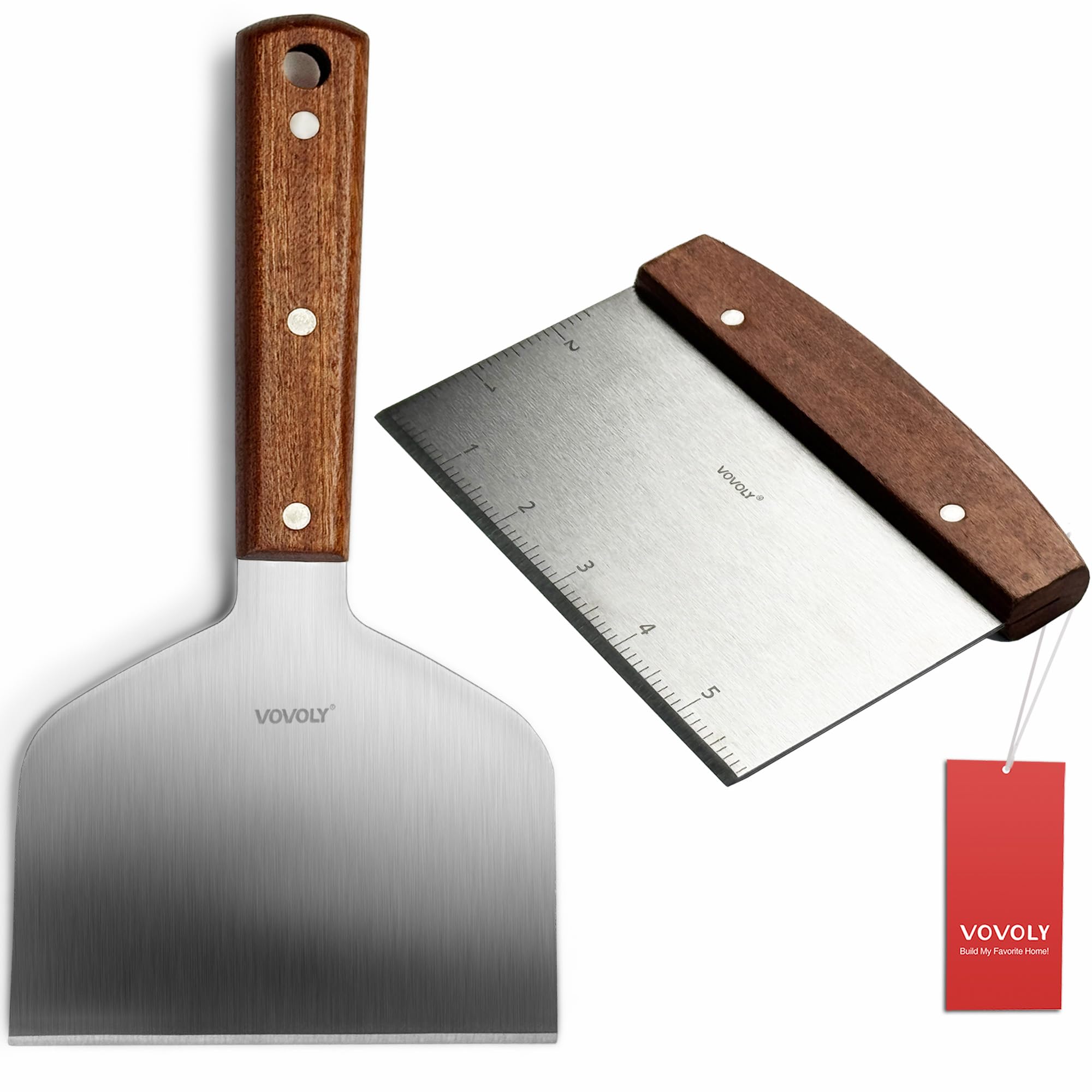 Vovoly Multipurpose Bench Scraper Kitchen Utensil for Flat Top Griddle, Dough Scraper Cutter for Bread and Pizza Cutter - Stainless Steel Metal Griddle Scraper Chopper