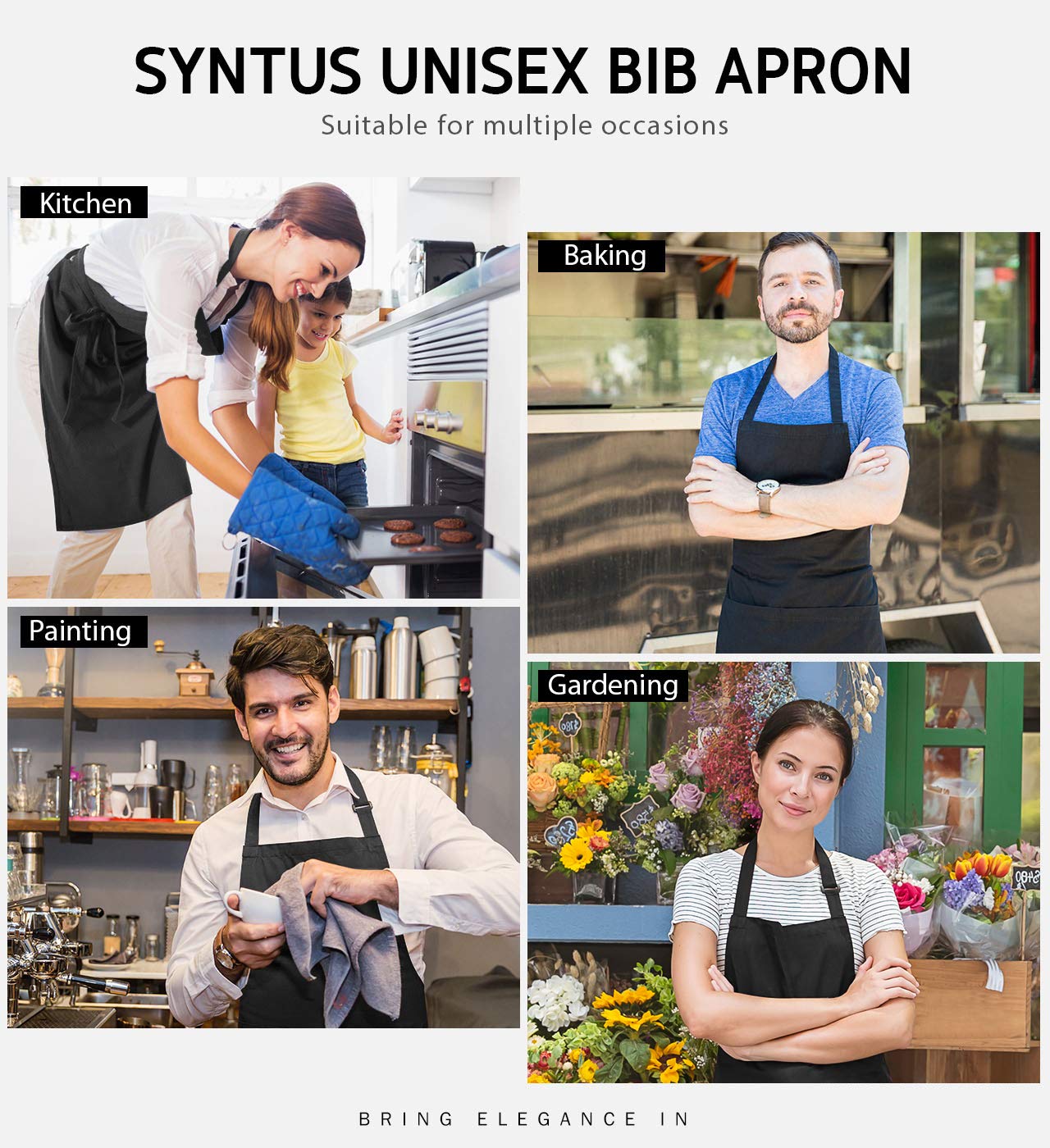 Syntus Adjustable Bib Apron with 2 Pockets Cooking Kitchen Aprons for Women Men Chef